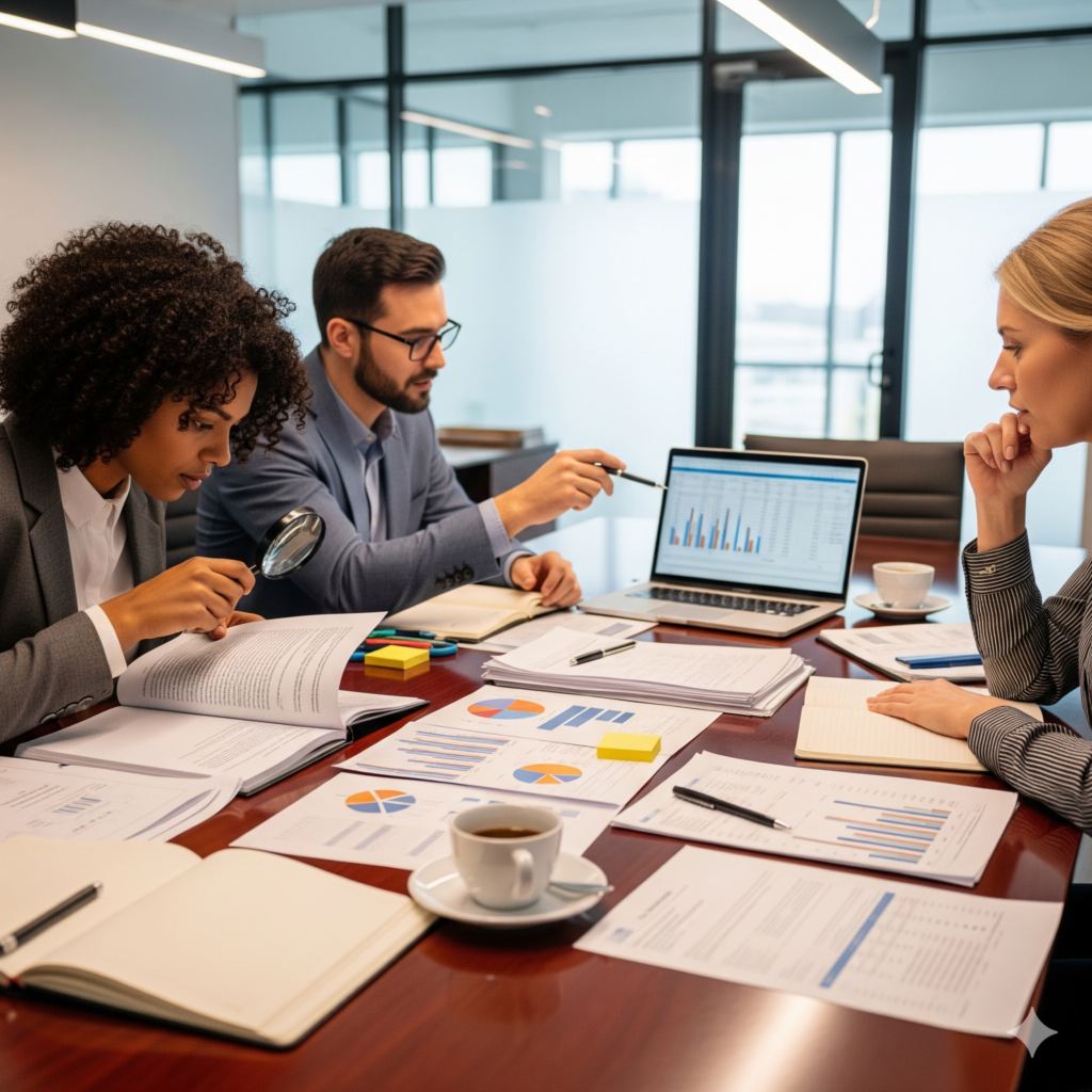 A team of professionals closely reviewing data charts, printed reports, and laptop analytics at a conference table, illustrating framework governance, strategic evaluation, and research auditing.