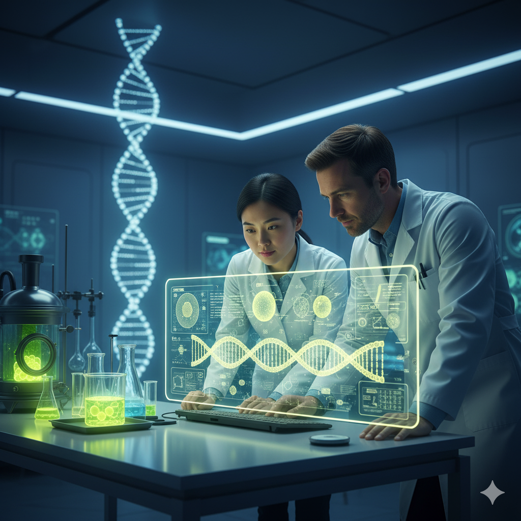 Two researchers in a high-tech laboratory examining a holographic DNA sequence model, illustrating how the platform facilitates access to Swedish R&D expertise, laboratories, and research environments.