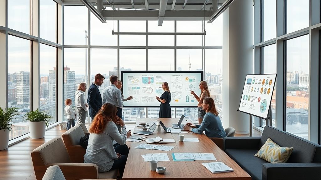 A team of professionals closely reviewing data charts, printed reports, and laptop analytics at a conference table, illustrating framework governance, strategic evaluation, and research auditing.