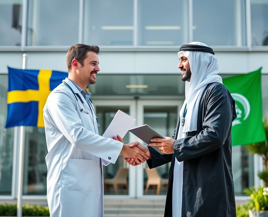 A researcher in a lab coat shaking hands with a Middle Eastern professional in front of a facility featuring the Swedish flag, visualizing how the platform connects international researchers, institutions, and industry stakeholders with existing Swedish research and development ecosystems.