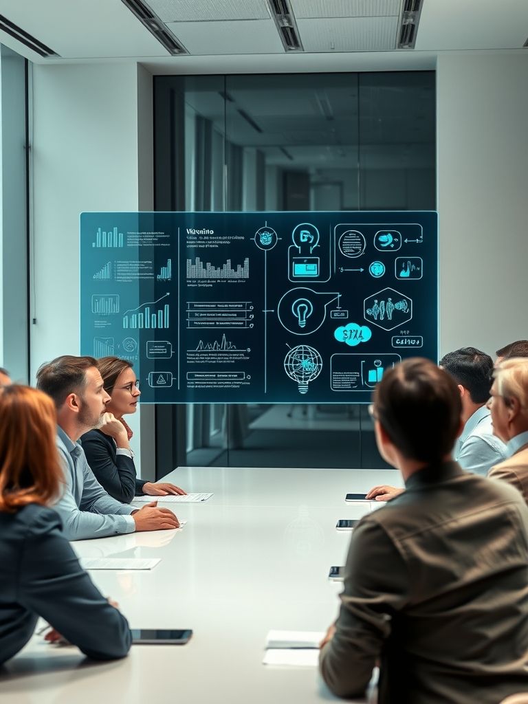 A group of professionals in a meeting room analyzing a digital dashboard, illustrating the platform's support for methodology development, research planning, and quality assurance.