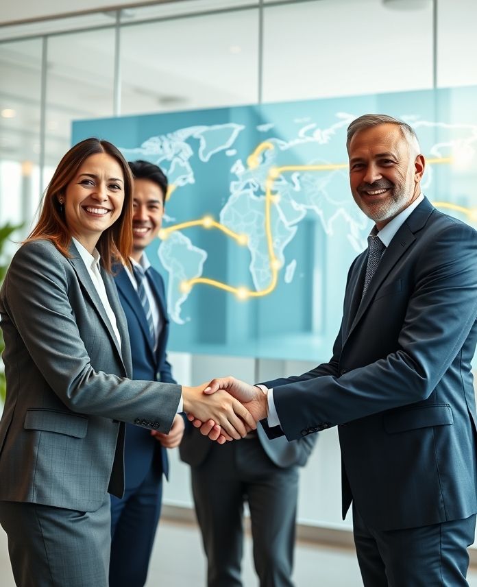 Professionals shaking hands in front of a global network map, representing SKRC's international R&D collaboration and research bridges.