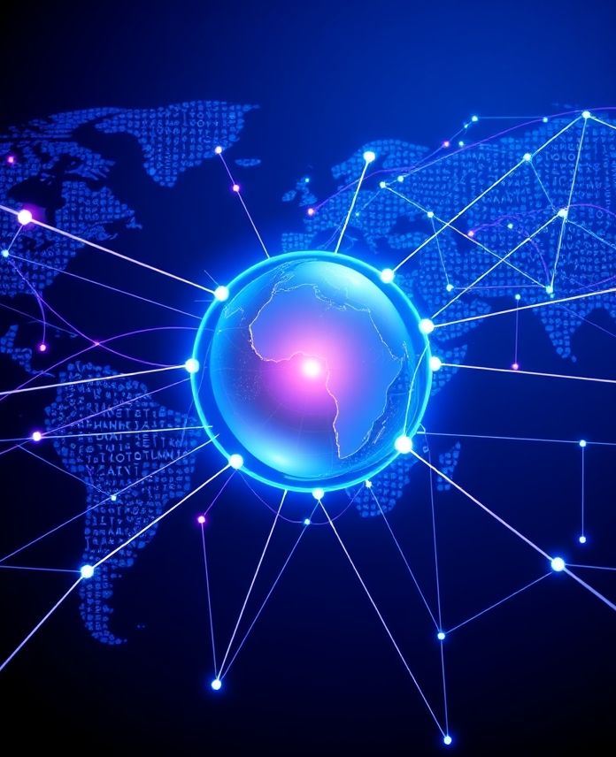 A digital conceptual visualization of an interconnected global research network with a central glowing core, symbolizing strategic research and knowledge transfer.